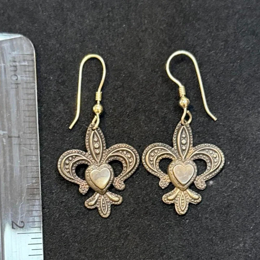 Fleur de Lis Dangle Drop Earrings with Heart Center
